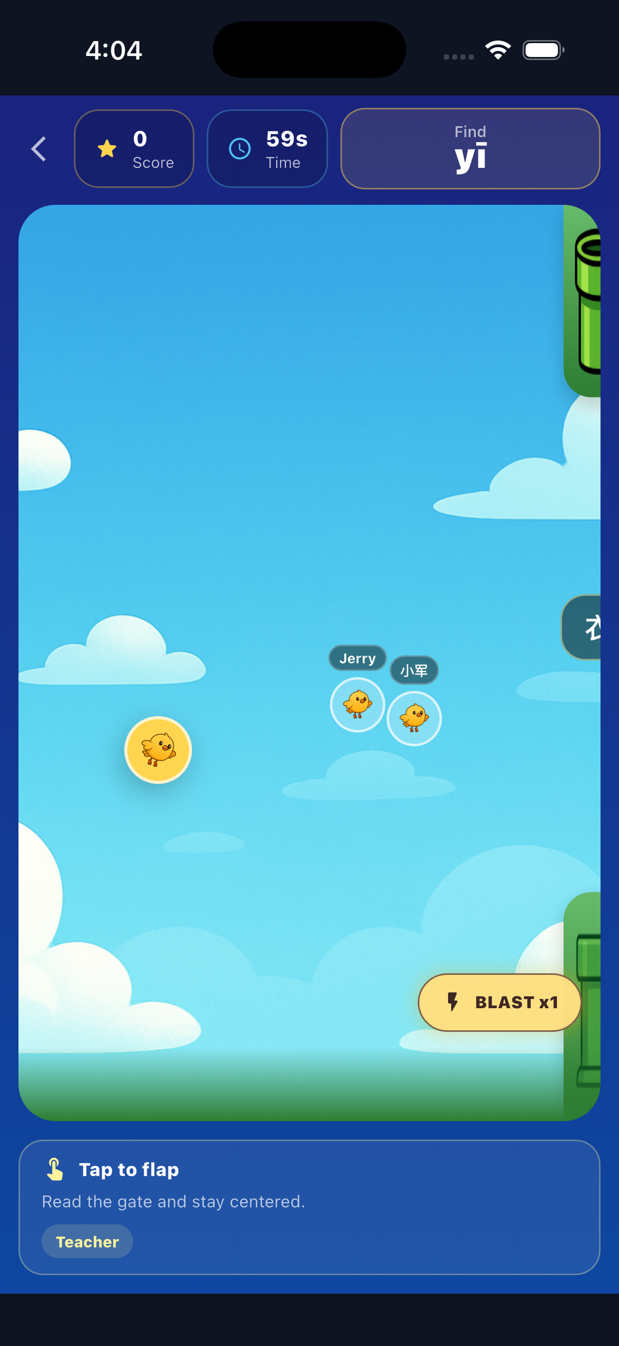 Zilele multiplayer Flappy Bird game showing the teacher and two named players