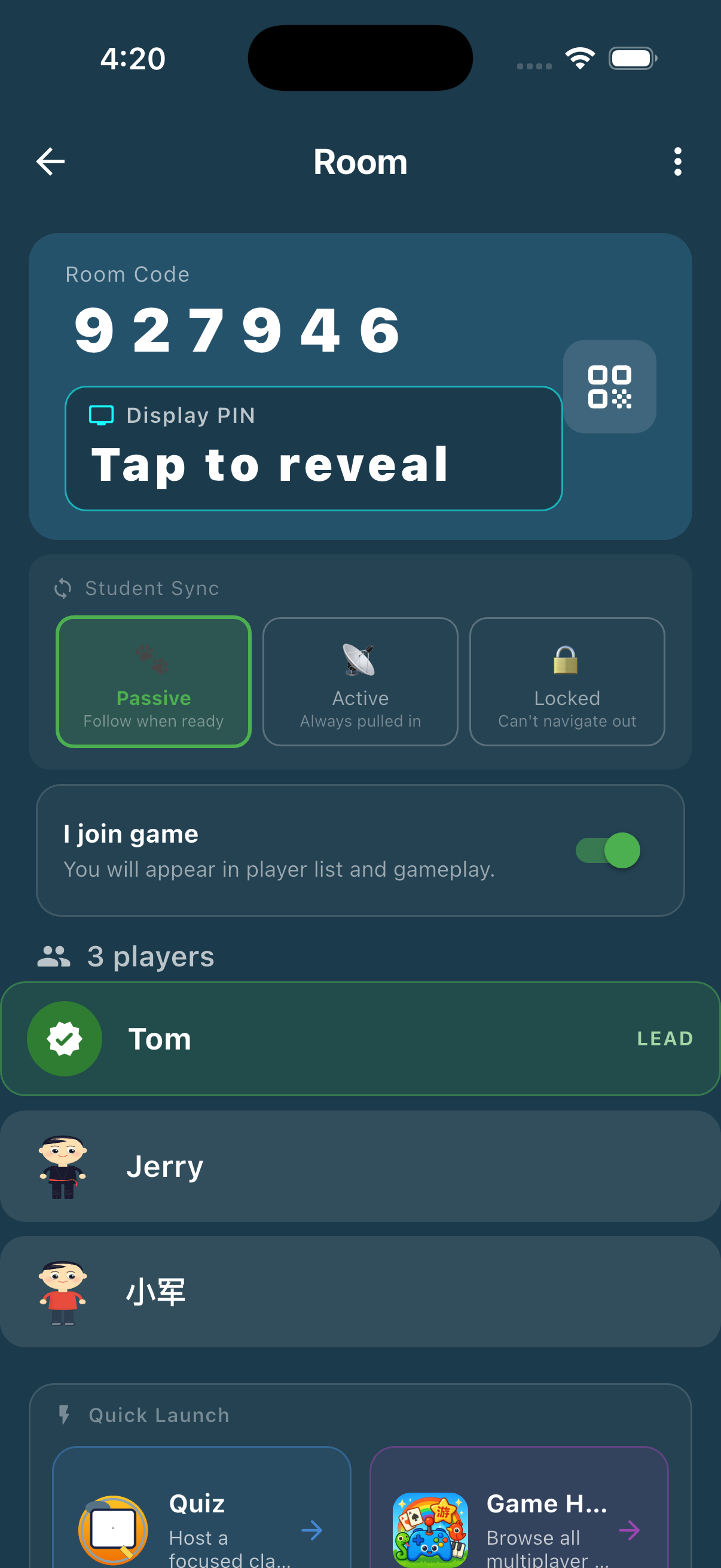 Zilele teacher room with a room code, student sync controls and three players